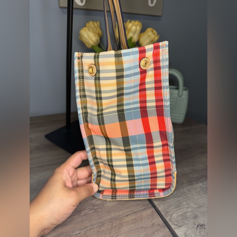 Tory Burch Plaid Tote Bag in Multicolor with Tan Leather Trim - Picture 3 of 16
